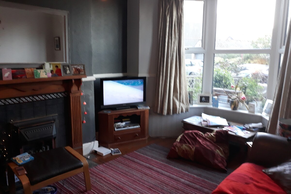 เลานจ์พร้อมวิวจากหน้าต่างเบย์โซฟาหนังขนาดใหญ่ 2 ตัวไฟจากแก๊ส