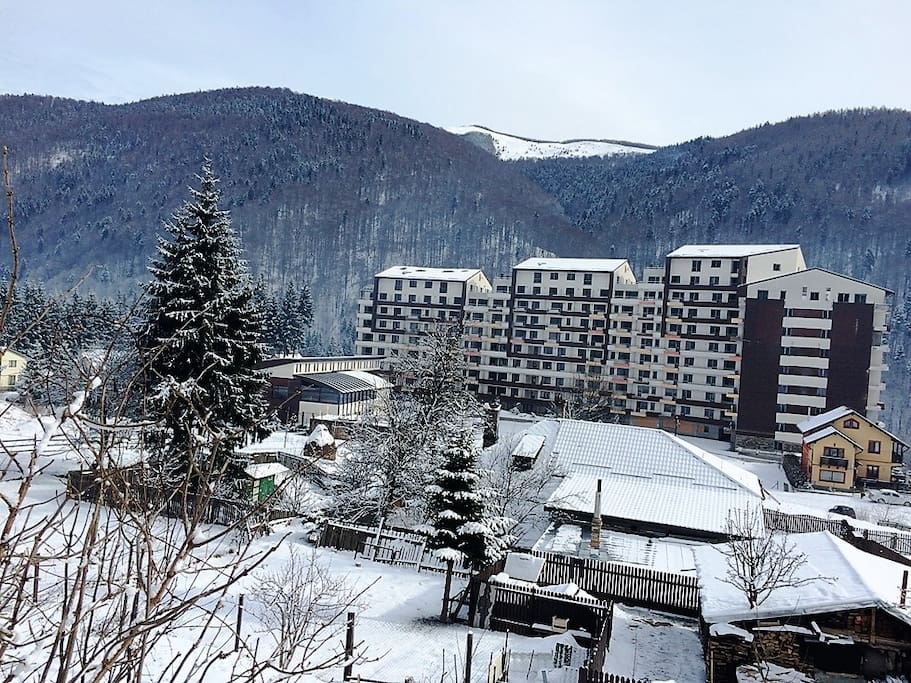 the building and the mountains