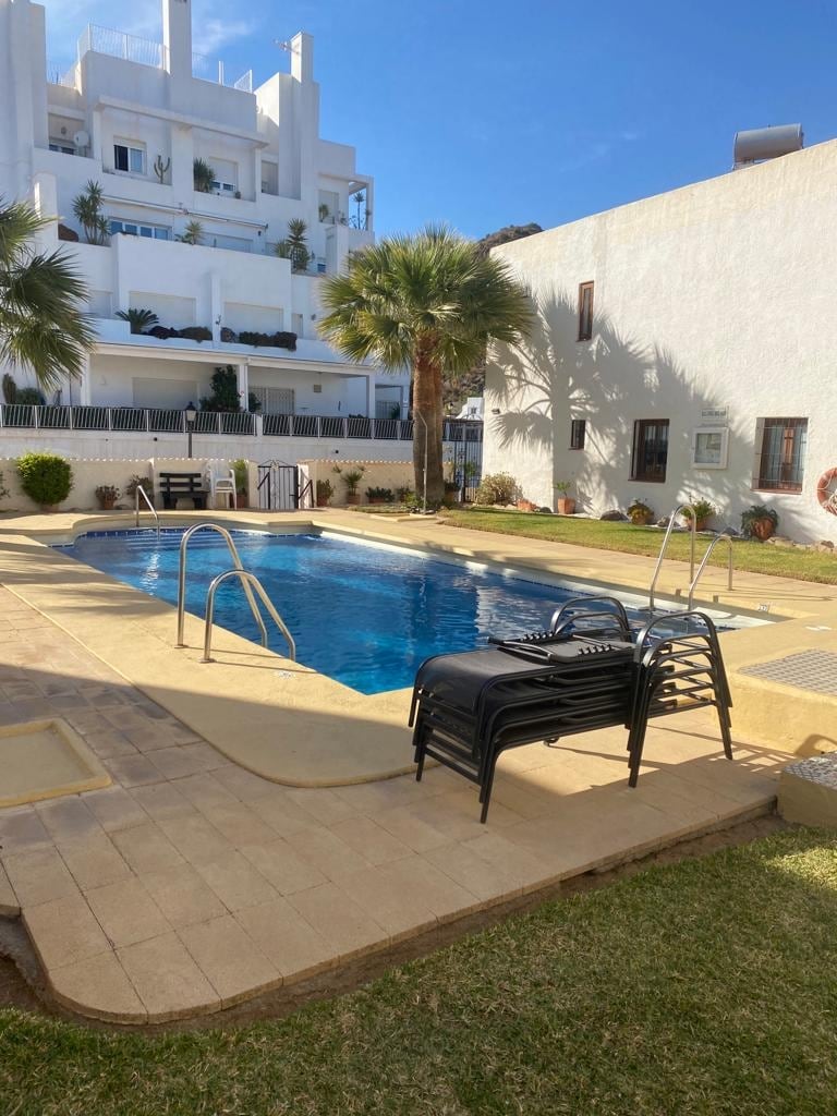 A refreshing swimming pool is centrally located within a landscaped area, flanked by palm trees. Poolside seating is available with stacked lounge chairs, and a shallow entry is accessible at one end. The surrounding greenery adds a touch of natural beauty to the space.