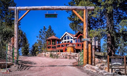 A welcoming entrance to the cabin is marked by a rustic wooden arch, featuring a prominent sign. A gravel driveway leads to the house, which is bordered by stone landscaping and surrounded by tall pine trees. The cabin displays large windows and a colorful porch area.