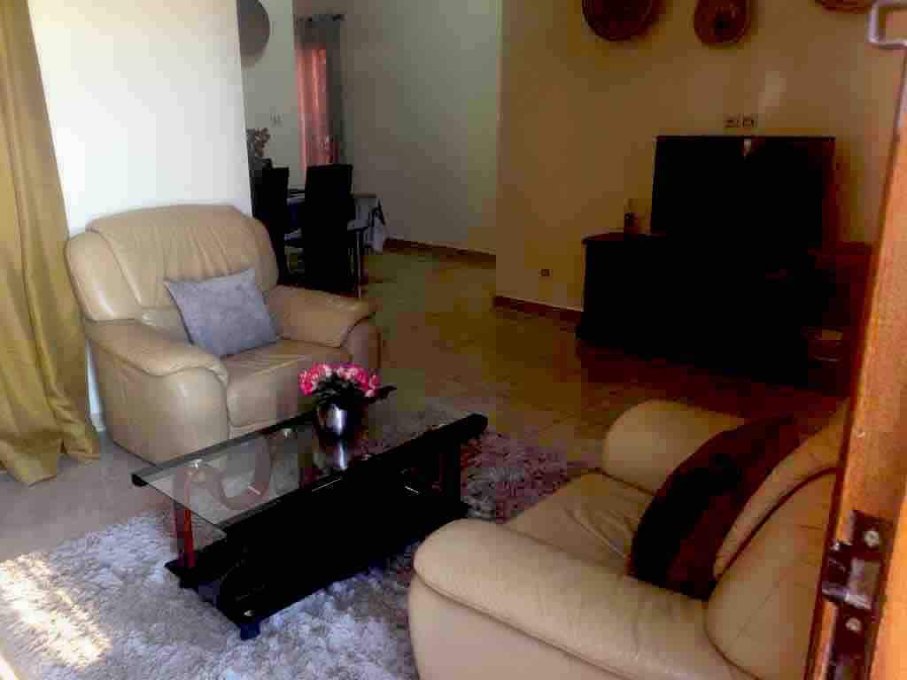 A light-filled living space features two tan leather armchairs and a dark glass coffee table, adorned with a small floral arrangement. A plush area rug lies beneath the furniture, while a wooden cabinet and a television are visible in the background.