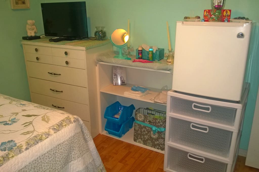 Personal mini refrigerator. Plenty of storage.