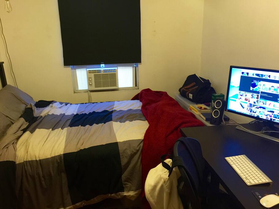 Queen sized bed with an extremely comfortable mattress and large desk with an external monitor to hookup your laptop or use the Apple TV