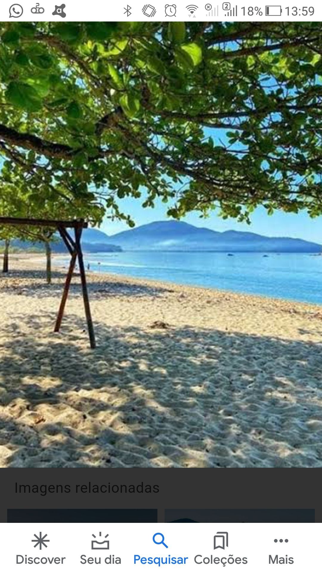 A sandy beach is framed by trees, providing shade from the bright sun. The calm waters extend towards a distant mountain range, with gentle waves lapping at the shore. A few boats are visible on the horizon, contributing to the peaceful seaside atmosphere.