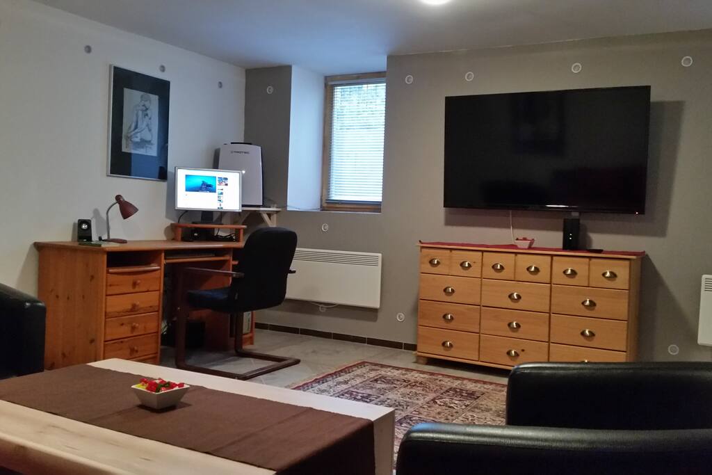 with a 55" inch tv and and a desktop PC for you to use.