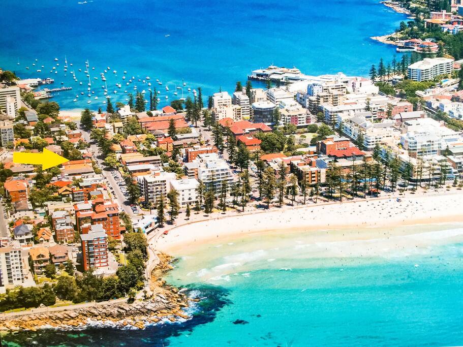 Aerial view of our location, showing beach one block away, harbour and ferry wharf and village centre as well