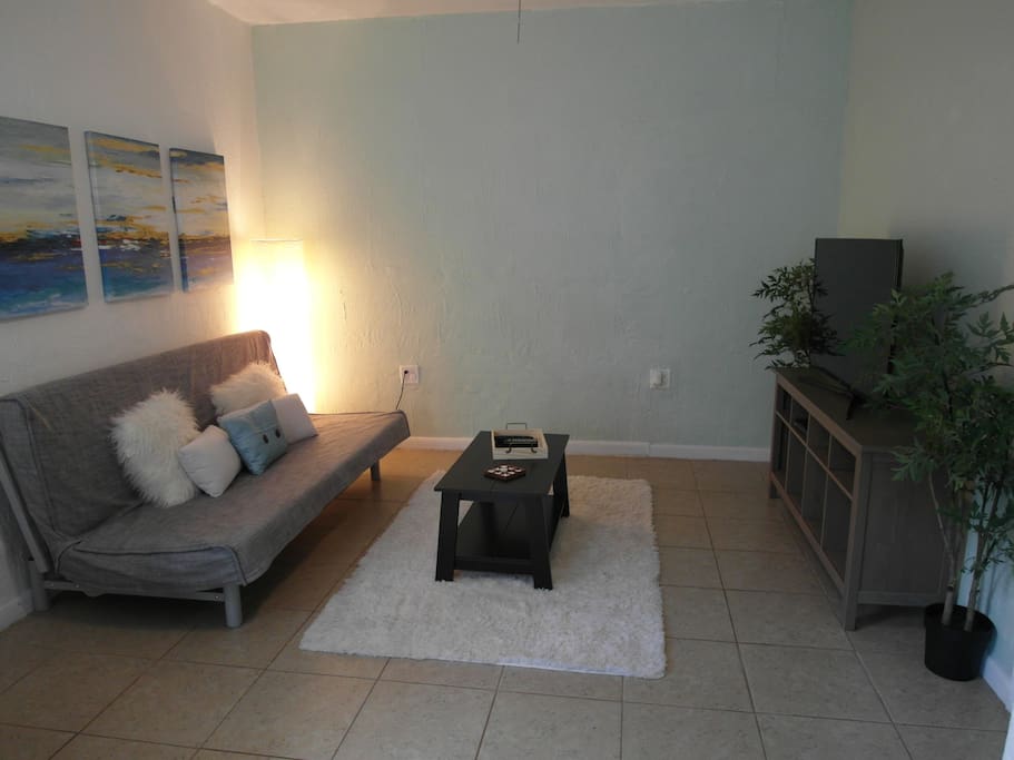 Living room with pull out couch, 50" TV with all Channels, and wifi.