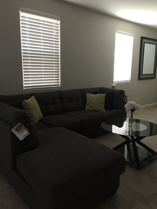 Cozy contemporary living area with 60 inch TV. Enjoy 200 Channels, and premium channels.