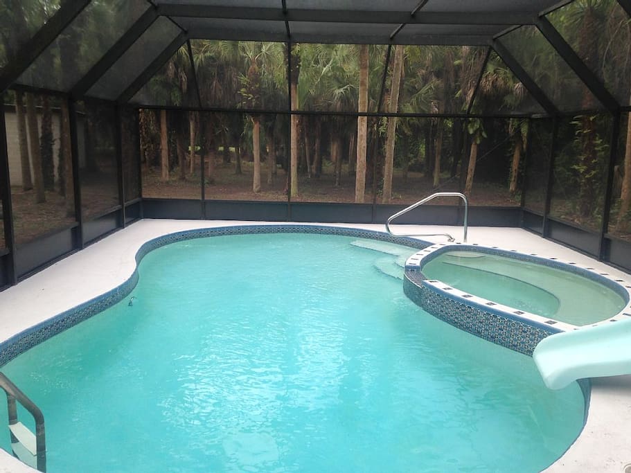 large pool with 8ft deep
end. Heater is available if need be- Slide has been removed