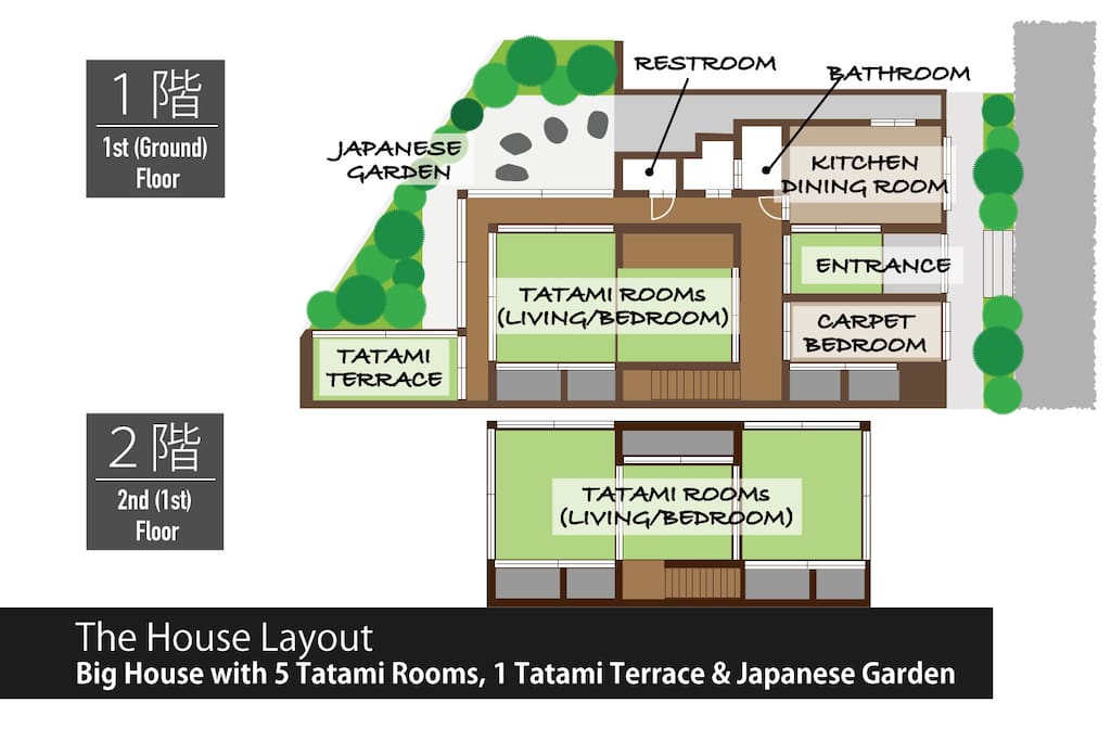 Many tatami rooms, 1 carpeted room, 1 terrace, 1 restroom and 1 bathroom