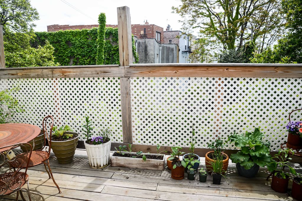 Sunny, quiet, plant-filled outdoor deck