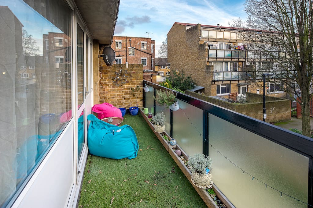 Private balcony with bean bags- perfect for soaking up the winter/summer sun.
