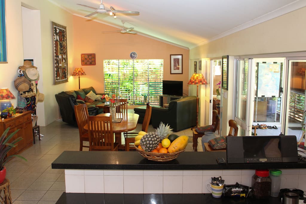 Living room and kitchen is all one large airy space.