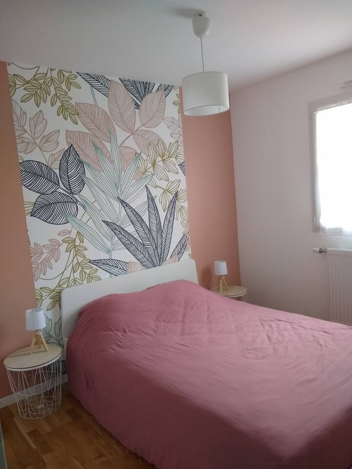 Lit double standard avec ses deux oreillers et sa  couette, penderie ( en face du lit)