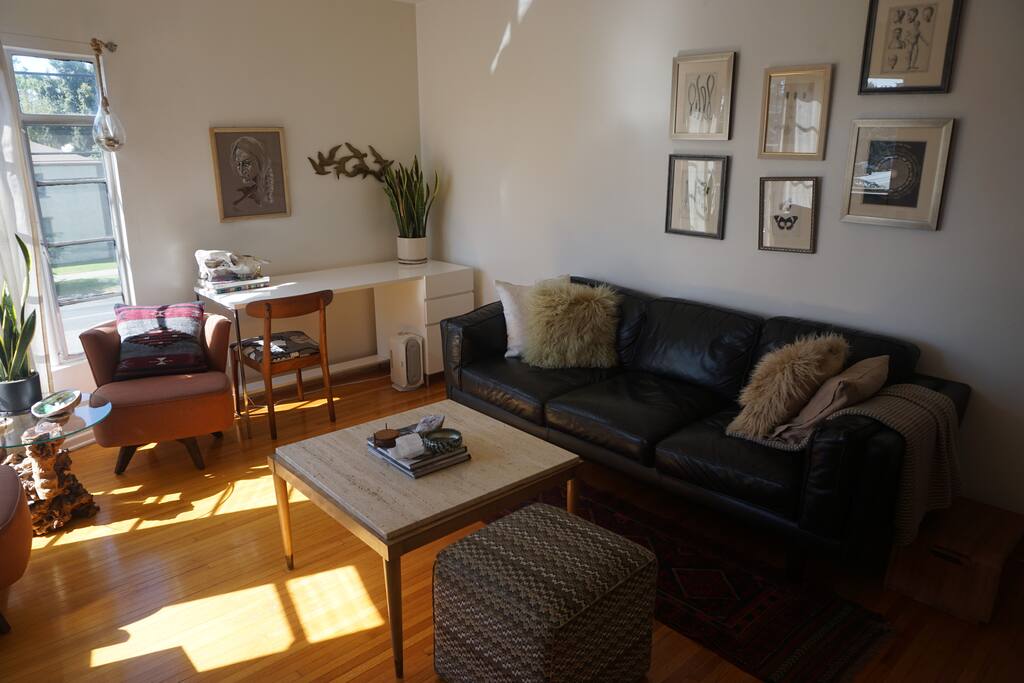 Comfortable black leather couch.