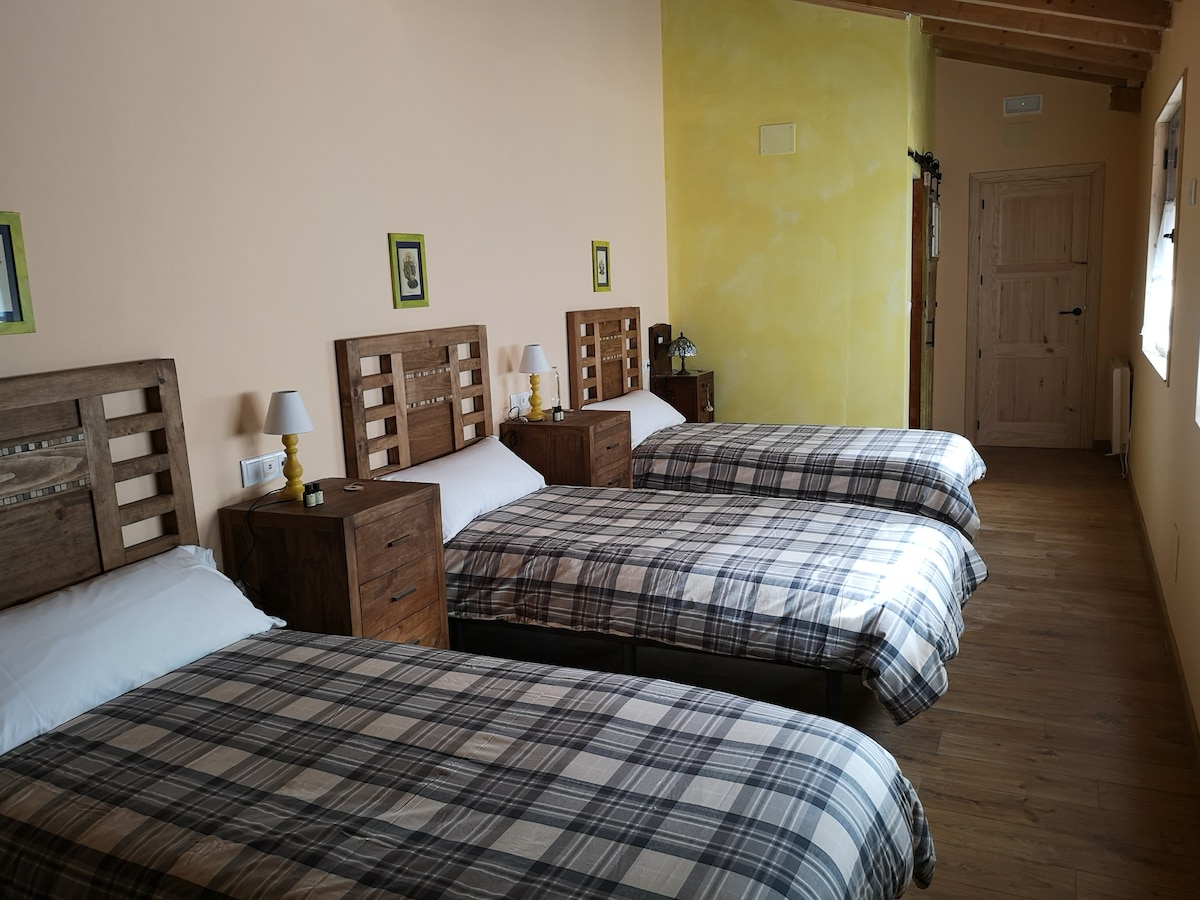 A bright bedroom is furnished with three wooden beds, each dressed in plaid bedding. Two bedside tables with lamps are placed adjacent to each bed. Soft natural light enters through a window, illuminating light-colored walls and wooden flooring.