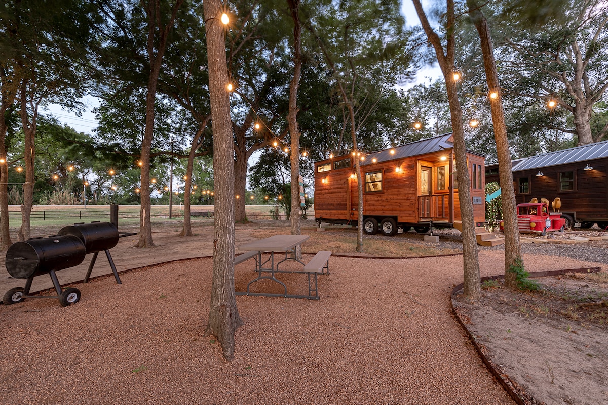 A charming outdoor area includes a gravel path leading to a tiny house, surrounded by tall trees and strung lights. A picnic table is placed near a charcoal grill, creating a welcoming space for outdoor gatherings.