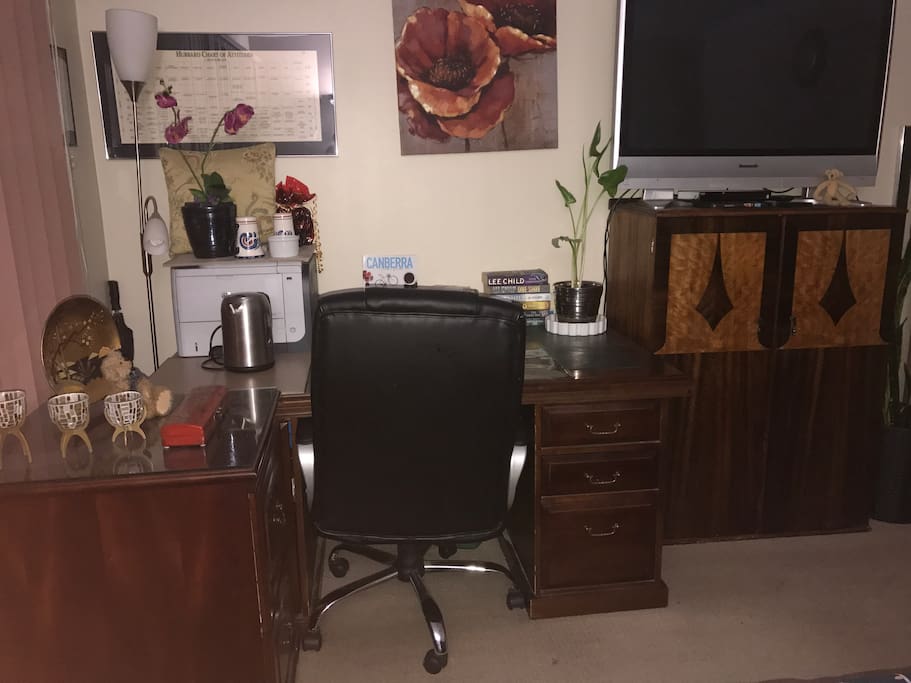 A desk, TV, DVD player, kettle