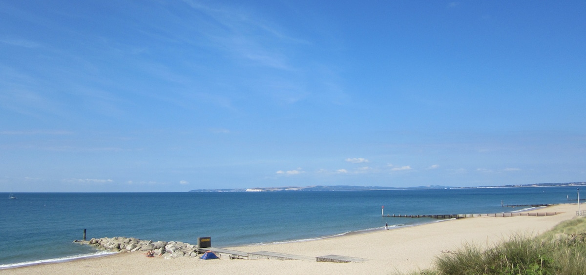 A sandy beach stretches into the distance under a clear blue sky. Gentle waves lap at the shore, while wooden piers extend into the water. Green grasslines the edge of the beach, providing a natural boundary. A few distant figures are visible enjoying the serene beach atmosphere.