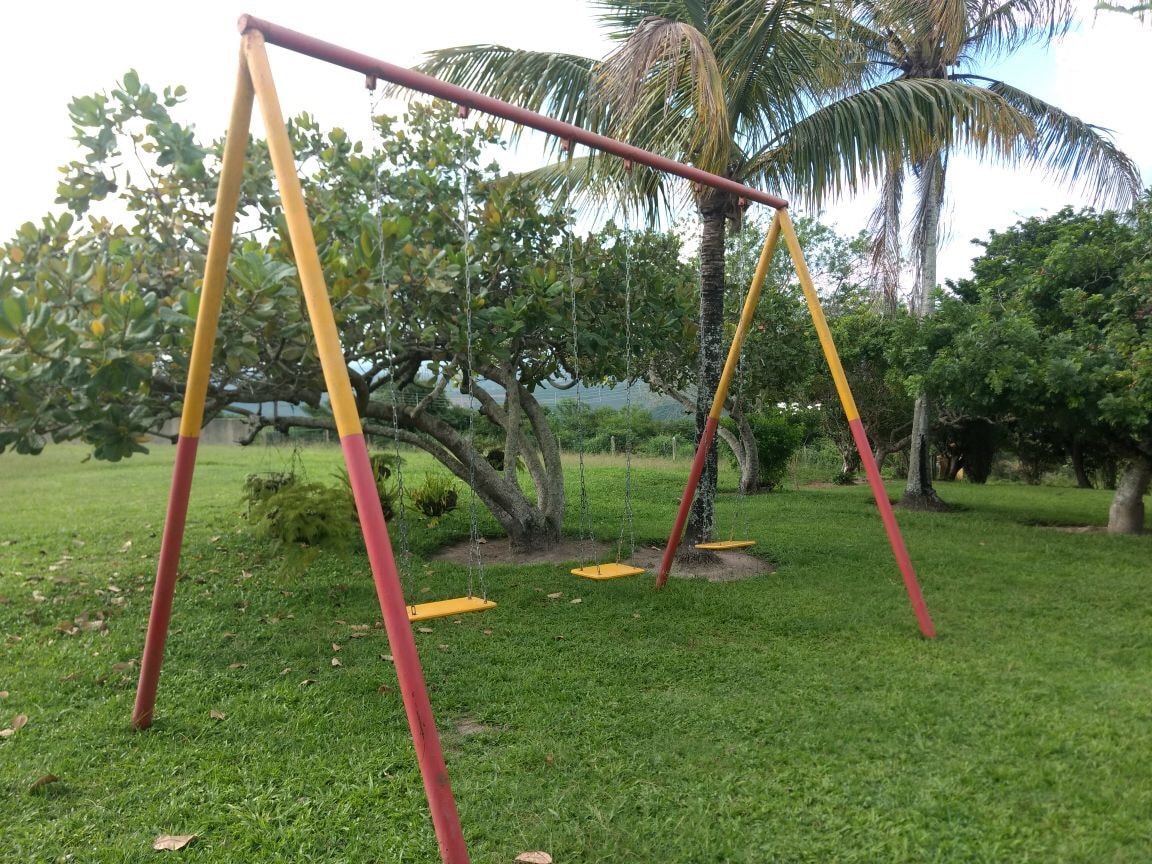 A grassy area features a swing set framed by lush trees and palm foliage. The swings are suspended on a sturdy frame with red and yellow colors, inviting outdoor play in a spacious, natural environment.