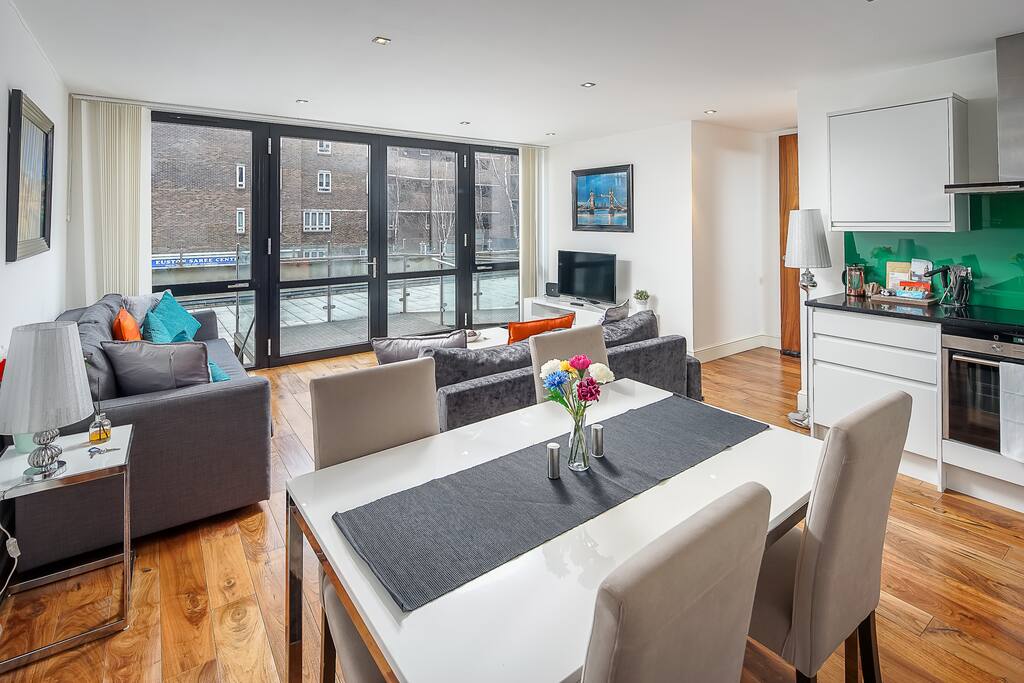 Combined kitchen, dining, living area