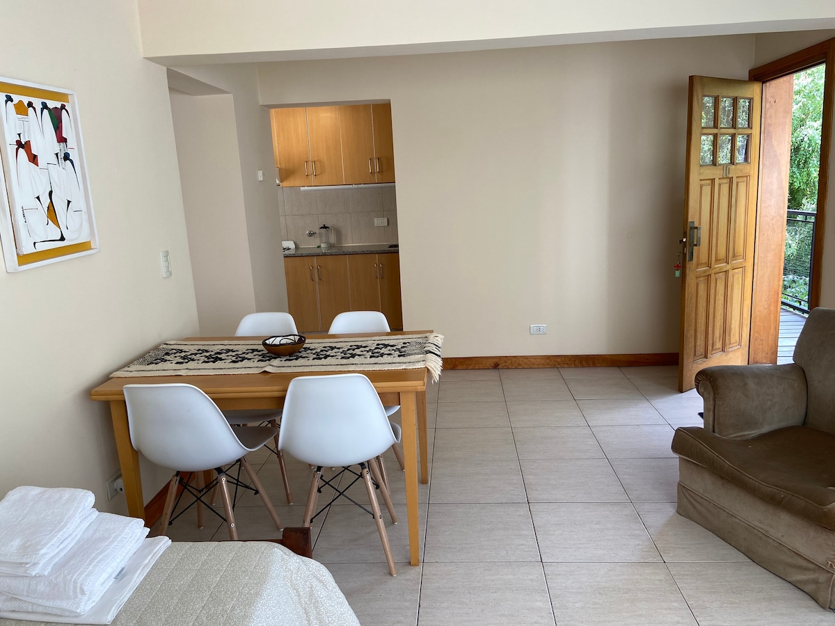 A dining area features a wooden table surrounded by four white chairs, providing space for meals. The kitchen area is visible in the background, with cupboards and a counter. A natural wood door leads to a balcony, allowing light to enter the room.