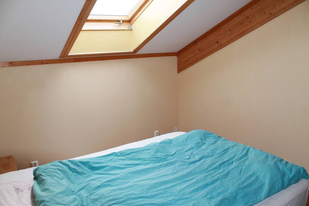 The bed room with a ceiling window