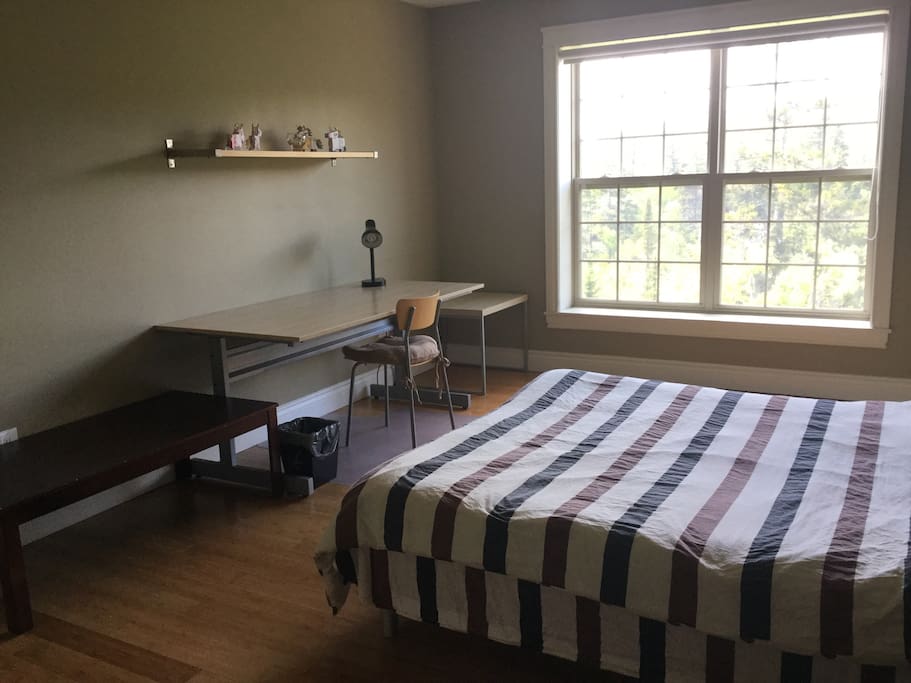Space for suitcase and desk for learning or work online in home.