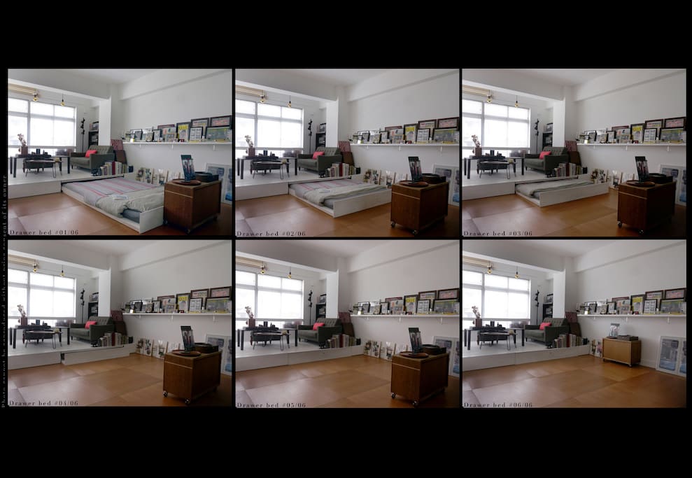 The drawer bed: it turns the artists' studio into one of the best bedroom ever, like sleeping in an art gallery!