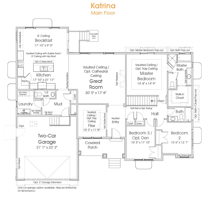 This is the layout of the house. Wood floors throughout the kitchen, tile in bathrooms, cream carpet in living rooms and bedrooms.