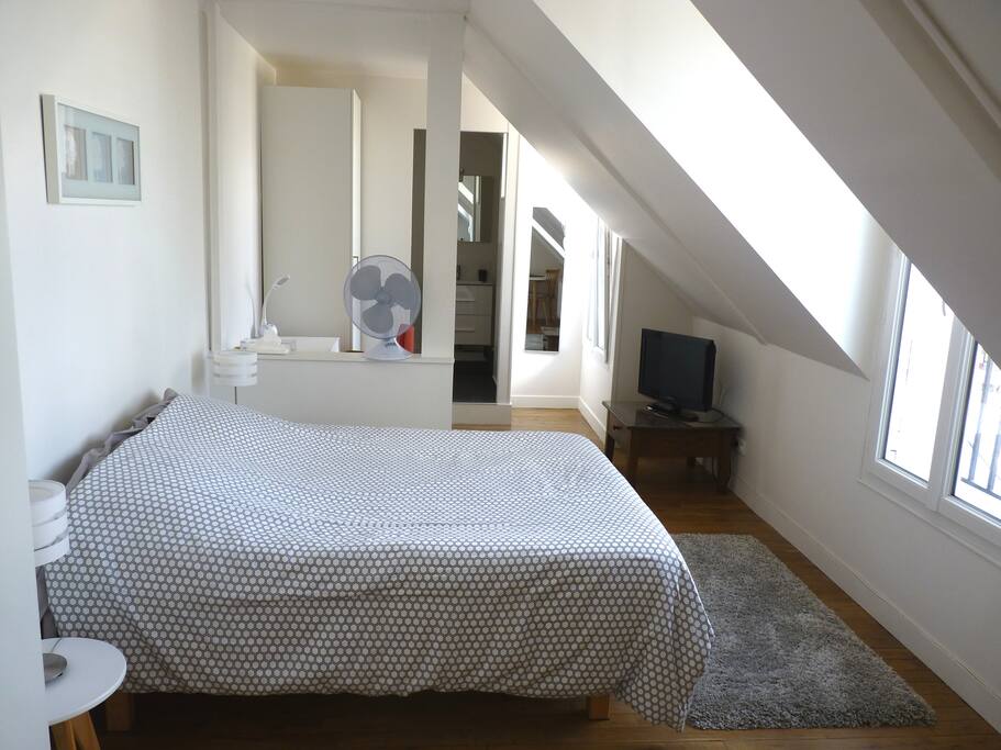 Espace couchage. Spacieux avec vue sur la tour Eiffel. 3 fenêtres. 2 armoires de rangements