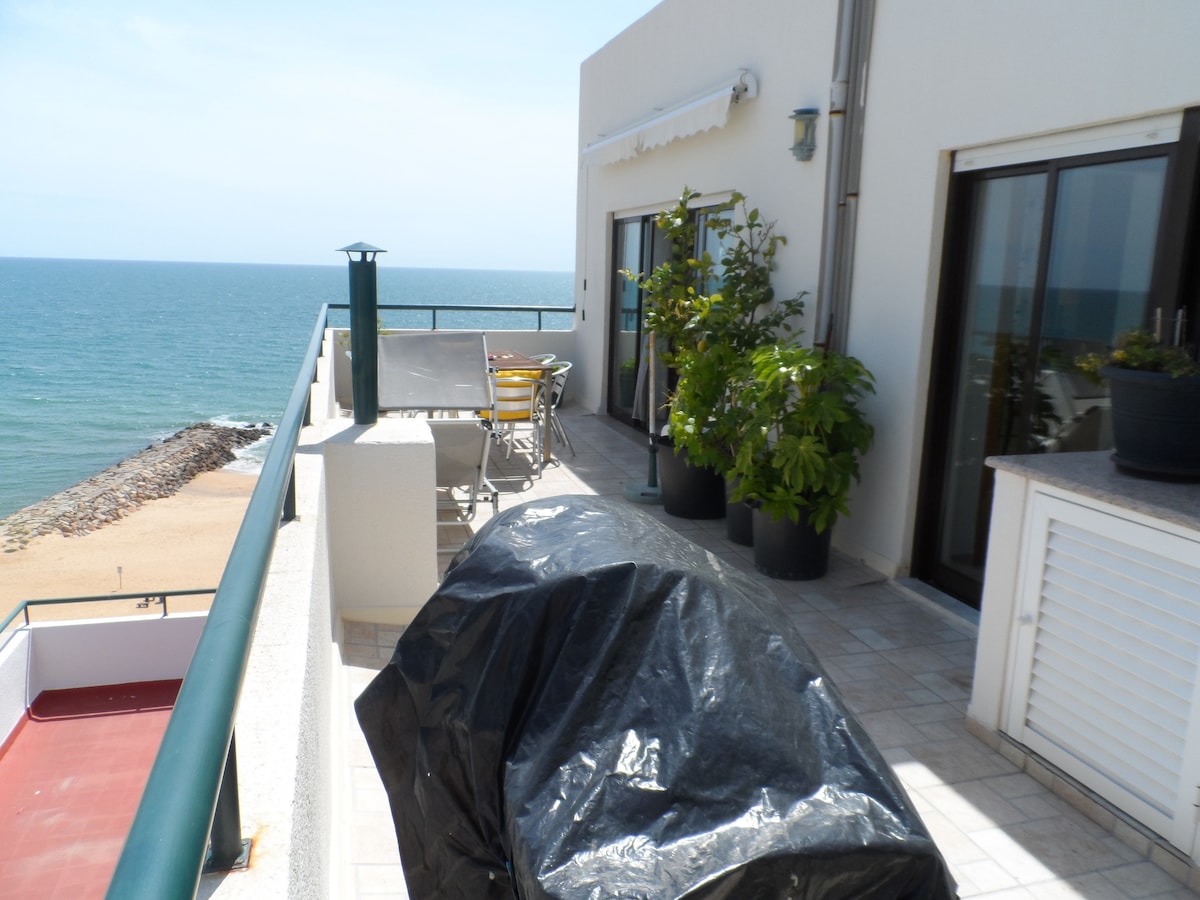 A large balcony is shown with a sea view, featuring a barbecue grill covered with a black tarp. Outdoor dining furniture, including a table and chairs, is arranged nearby, surrounded by potted plants. The ocean is visible in the background, enhancing the outdoor space.