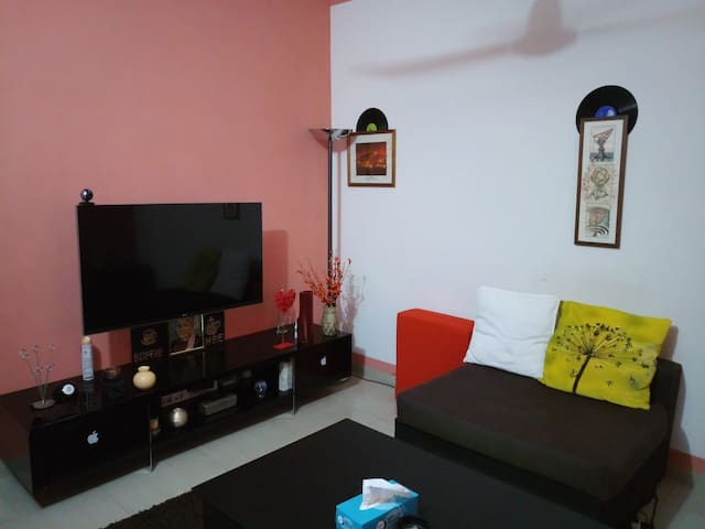 Une chambre un salon meublé. Un lit de 3 places.