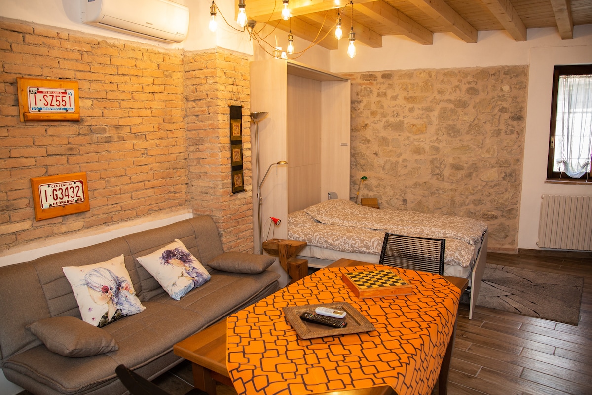 An open living space features a comfortable sofa and a dining table adorned with an orange tablecloth. A wall-mounted bed is neatly folded against the stone wall, while warm lighting from overhead bulbs enhances the cozy ambiance. Decorative plates hang on the exposed brick walls.