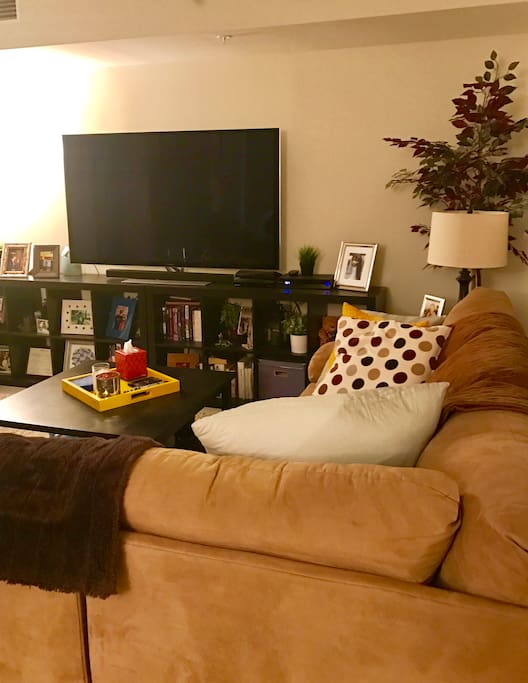 L-shaped couch and flatscreen TV.