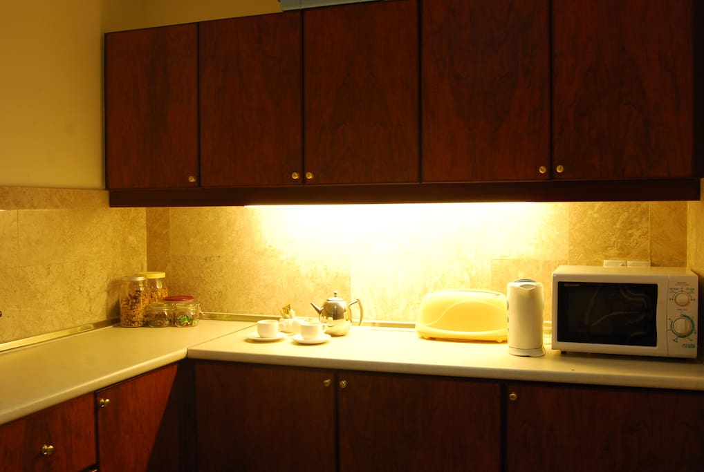 Microwave Equipped Kitchen with Fridge