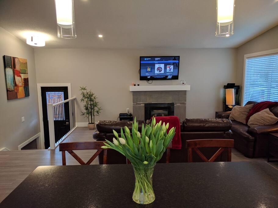 Main living area with Telus TV.