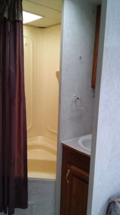 Bathroom, with shower, sink and compost toilet