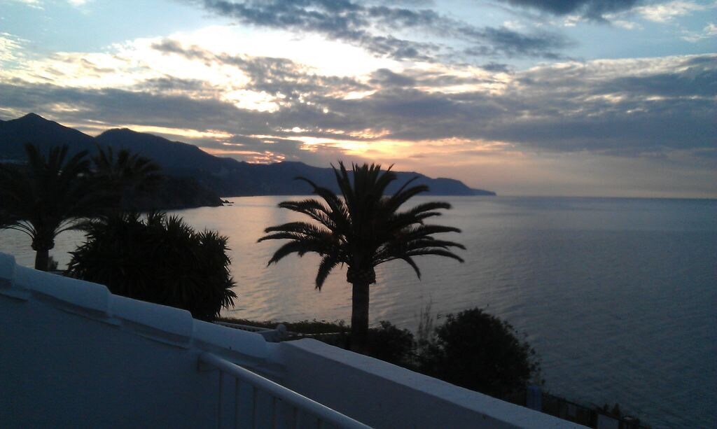 A serene view of the Mediterranean Sea is captured at sunset, with soft hues of orange and purple reflected in the water. Silhouettes of palm trees are visible in the foreground, framing the tranquil scene of distant mountains along the coastline.