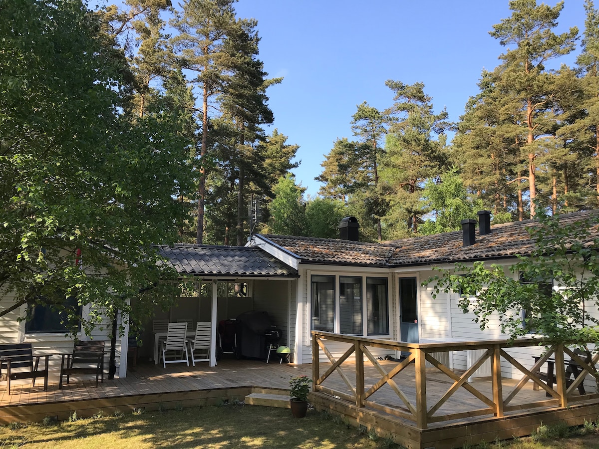 The cabin features a wooden deck with seating and a grill, surrounded by lush trees. Two sections of the cabin are visible, showcasing a sloped roof and multiple windows that allow natural light. The serene outdoor space is ideal for relaxation.