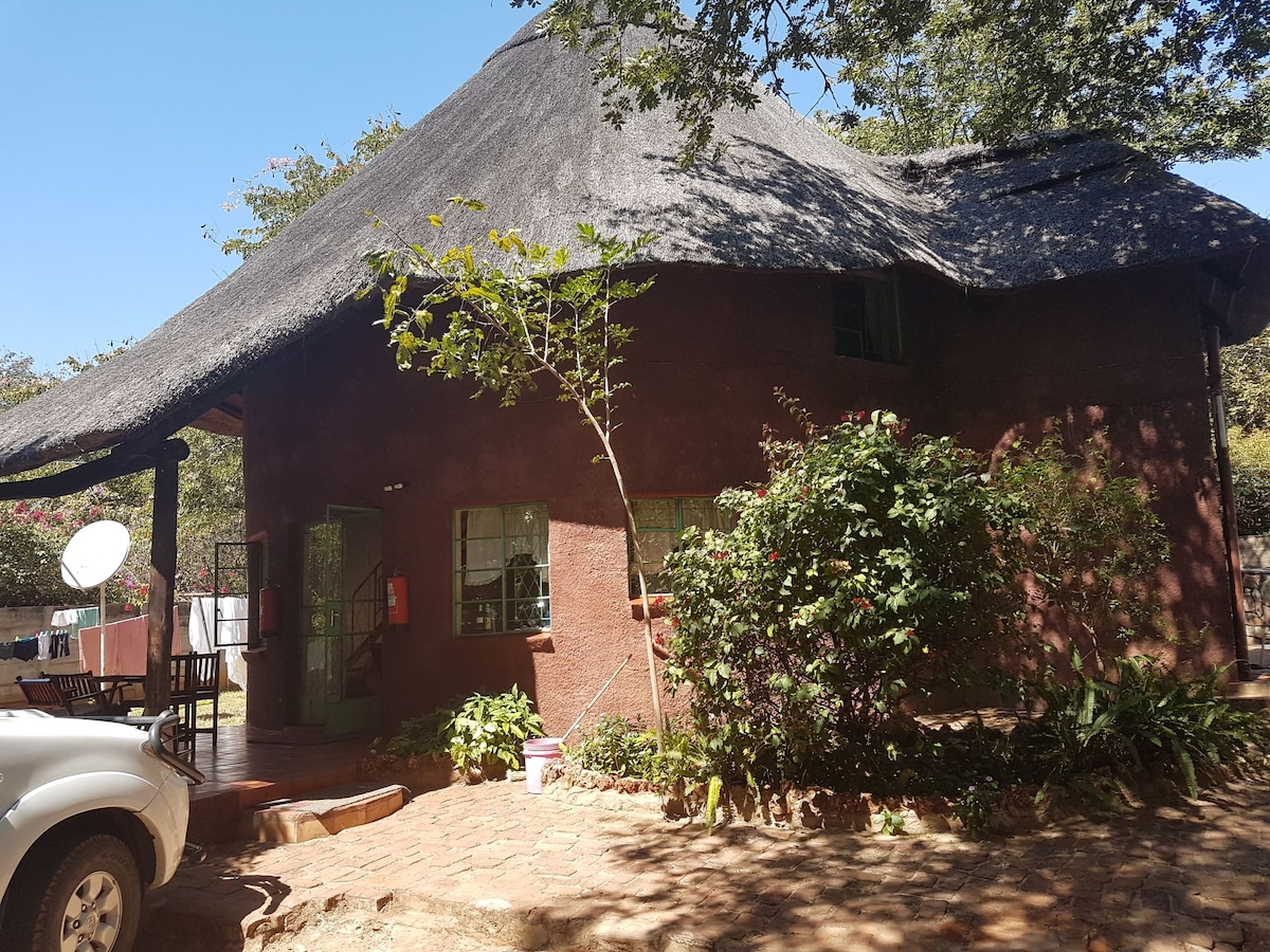 A thatched roof structure is surrounded by lush greenery and a well-maintained garden. Large windows invite natural light inside, while a patio area with dining furniture is visible in the background. The building's earthy tones complement the natural setting.