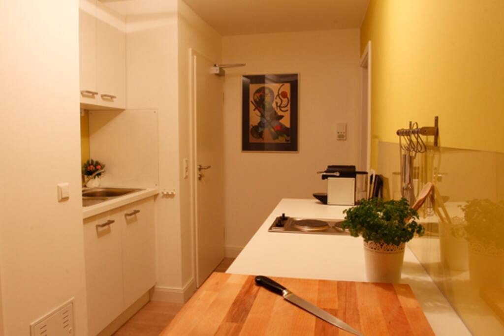 Küche mit Spülmaschine, Herd, Kühlschrank, Toaster usw.