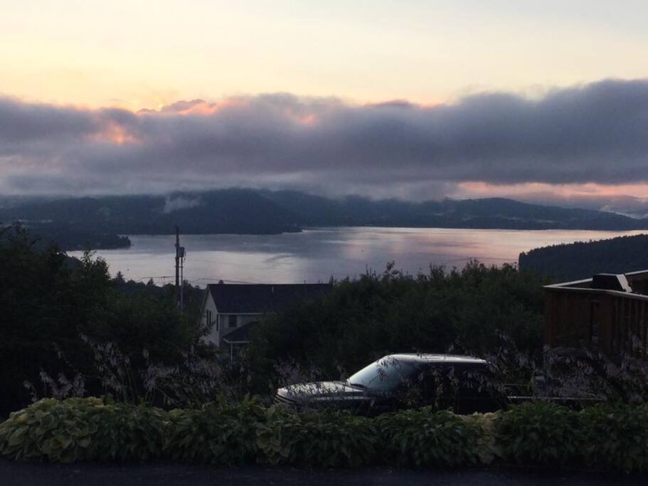View at the top of the street - full panoramic views of Newfound Lake at sunset