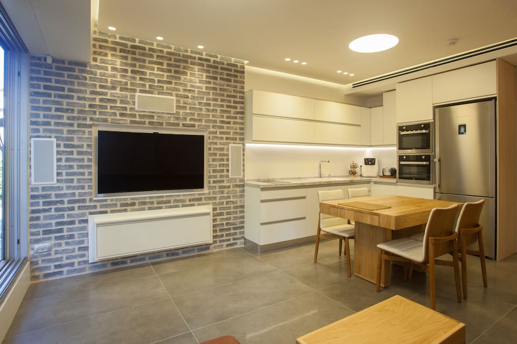 Kitchen with coffee machine +water dispenser + sparkling water + oven + microwave + dishwasher + refrigerator Model "Liber" + kitchenware + Electric stove