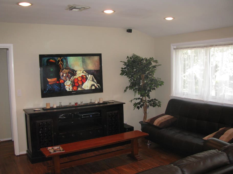 Living Room has Large Screen HD-TV, Blue Ray, Surround Sound, Fold out Sofa, etc.
