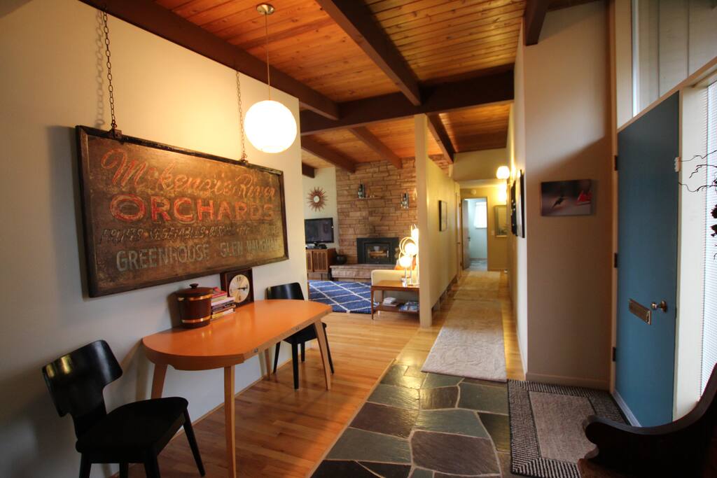 Entryway, living room and hall.
