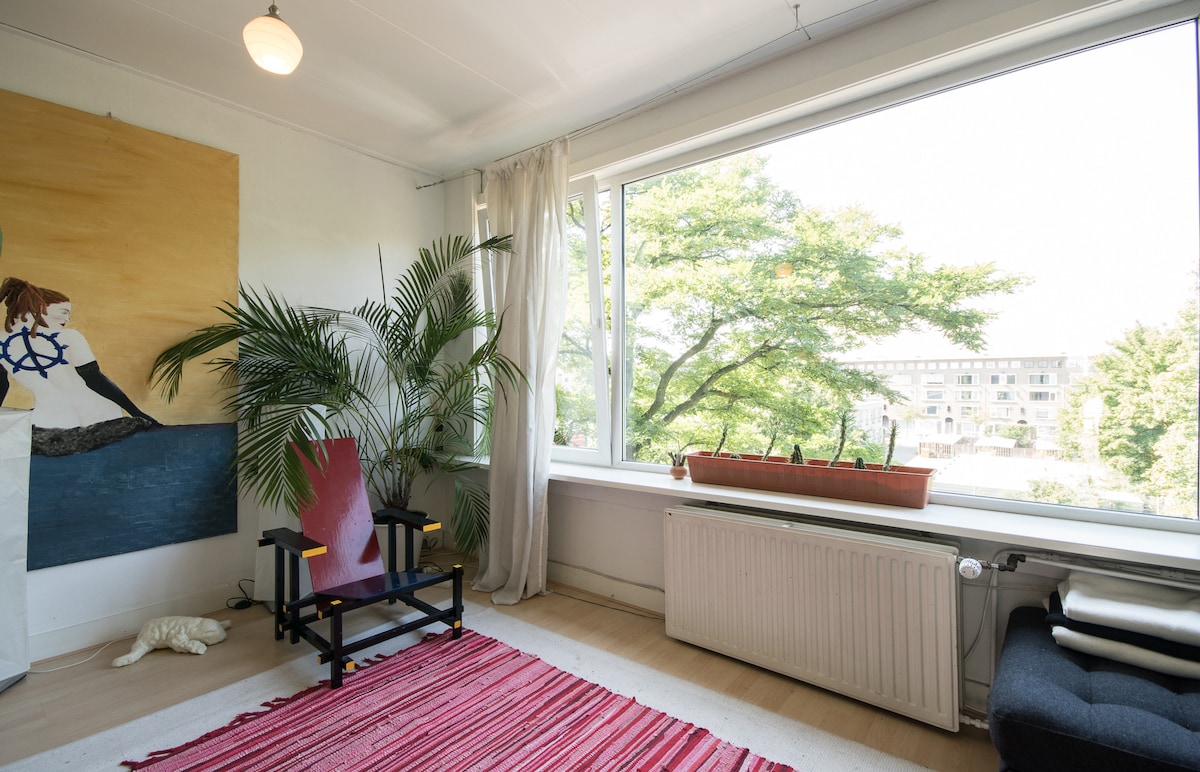 A well-lit living space features a large window that overlooks greenery. A colorful area rug lies on the floor, complemented by a stylish chair and a potted plant nearby. Natural light enhances the room's welcoming atmosphere.