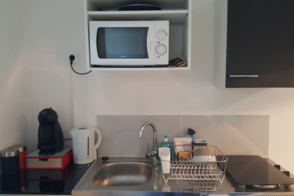 Kitchenette équipée ( Plaque , Micro onde , réfrigérateur , Dolce gusto bouilloire ...)