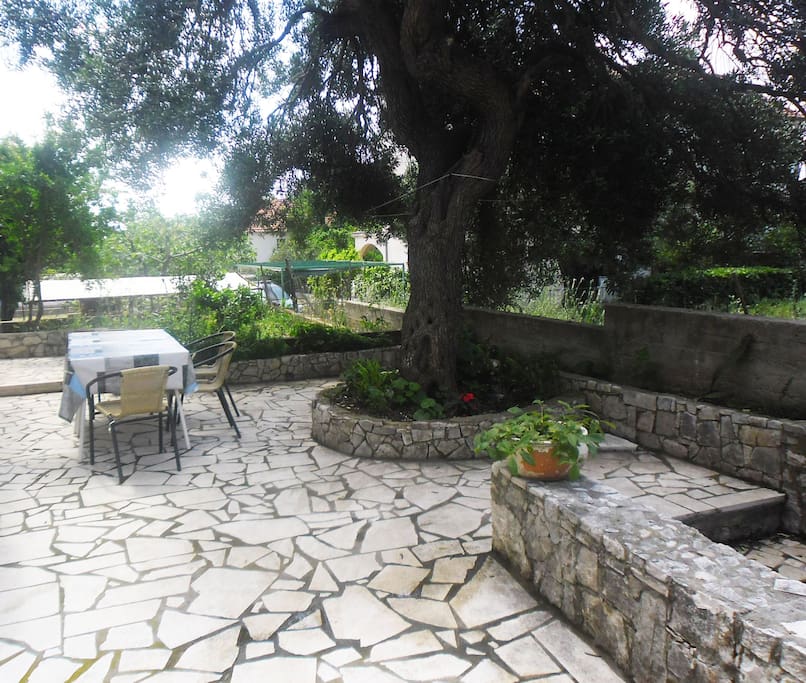 In front of the apartment! Very nice place to sit and rest in the shadow of the big olive tree.