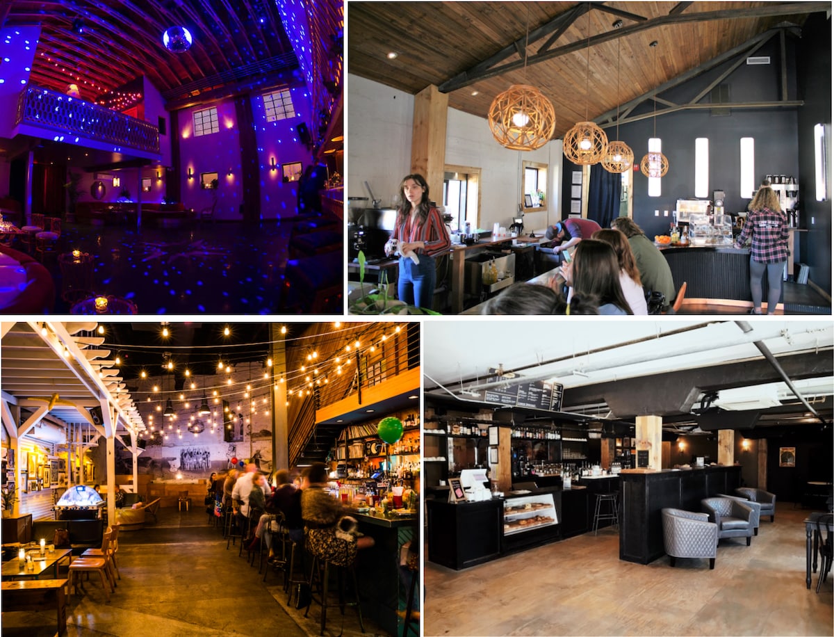 A vibrant nightlife scene is depicted, featuring colorful lighting that casts a lively ambiance over a spacious venue with seating areas. Another image showcases a trendy coffee shop interior with sleek furnishings and rustic accents. Warm string lights illuminate a bar area, creating an inviting space for guests.